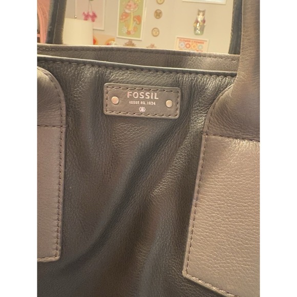 Vintage FOSSIL Genuine Grey/Black/Tan Leather Tote Shoulder Office Handbag - Picture 5 of 6